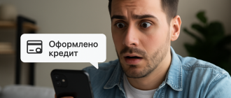 Людина з телефоном у руці виглядає здивованою, читаючи повідомлення про оформлений кредит