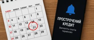Календар із відміченою червоною датою платежу і смартфон із повідомленням про прострочений кредит