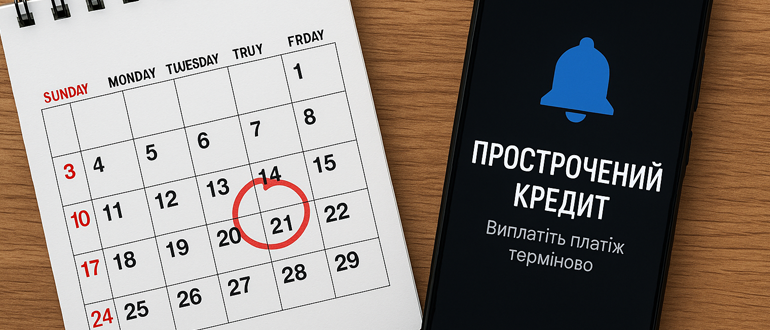 Календар із відміченою червоною датою платежу і смартфон із повідомленням про прострочений кредит