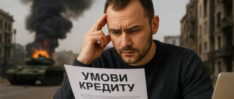 Людина з документами читає умови кредиту на фоні військової ситуації