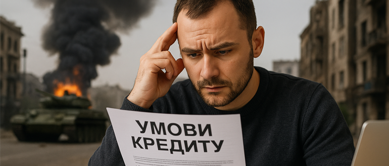 Людина з документами читає умови кредиту на фоні військової ситуації