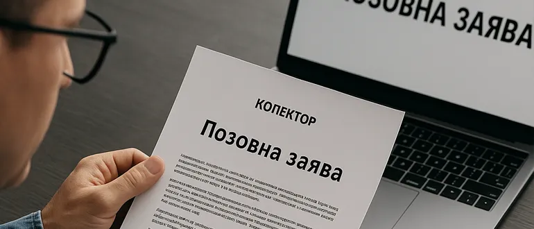 Позовна заява від колектора, документи на столі та ноутбук із судовою інформацією