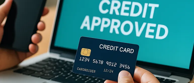 Кредитна картка в руках перед ноутбуком із повідомленням “Credit Approved”