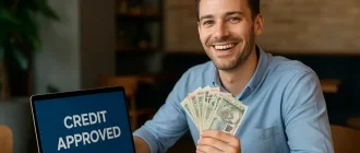 Усміхнений чоловік із готівкою біля ноутбука з написом "Credit Approved"