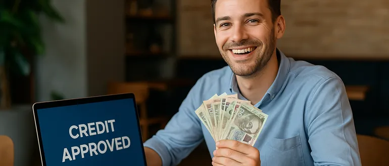 Усміхнений чоловік із готівкою біля ноутбука з написом "Credit Approved"