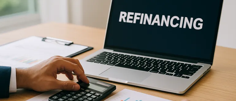 Розрахунок кредиту на калькуляторі з ноутбуком на якому написано "Refinancing"