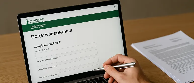 Людина подає скаргу на банк через онлайн-форму на сайті НБУ, на екрані ноутбука видно форму звернення, поруч документи