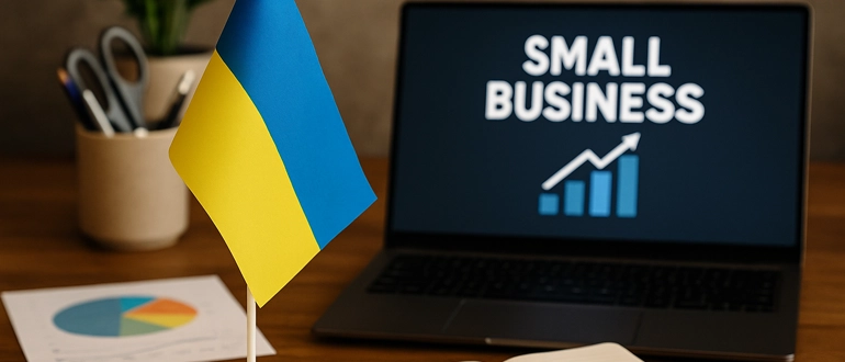 Робоче місце українського малого бізнесу з прапором та ноутбуком