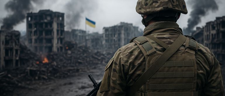 Український військовий на фоні міста — символ стійкості та інвестування під час війни у 2025 році