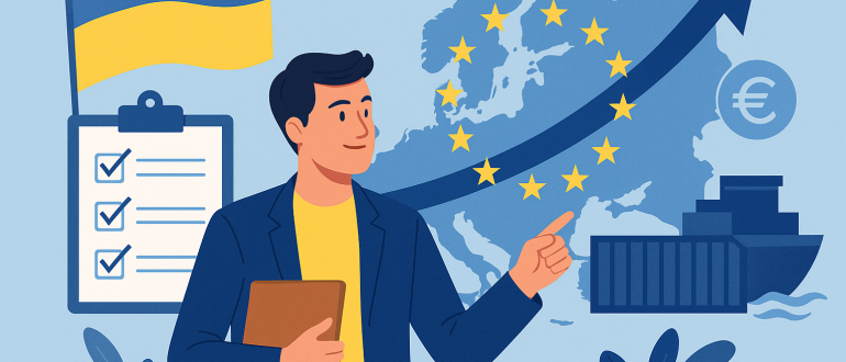 Ілюстрація виходу українського бізнесу на європейський ринок у 2025 році без тексту