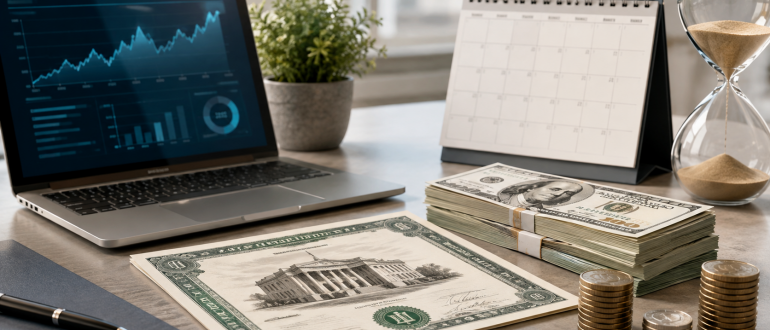 ALT зображення: Короткострокові державні облігації США T-bills для зберігання доларів